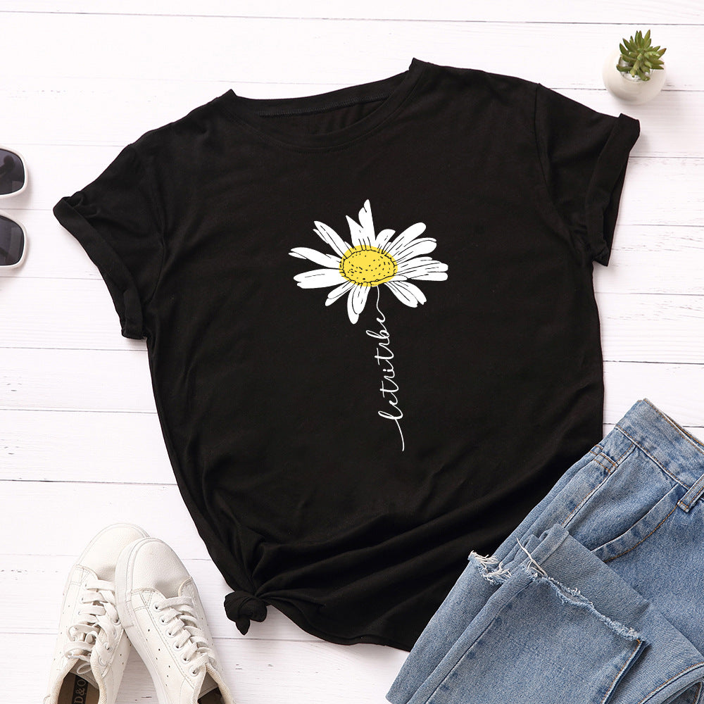 Women's Daisy Print Loose Short Sleeve T-shirt