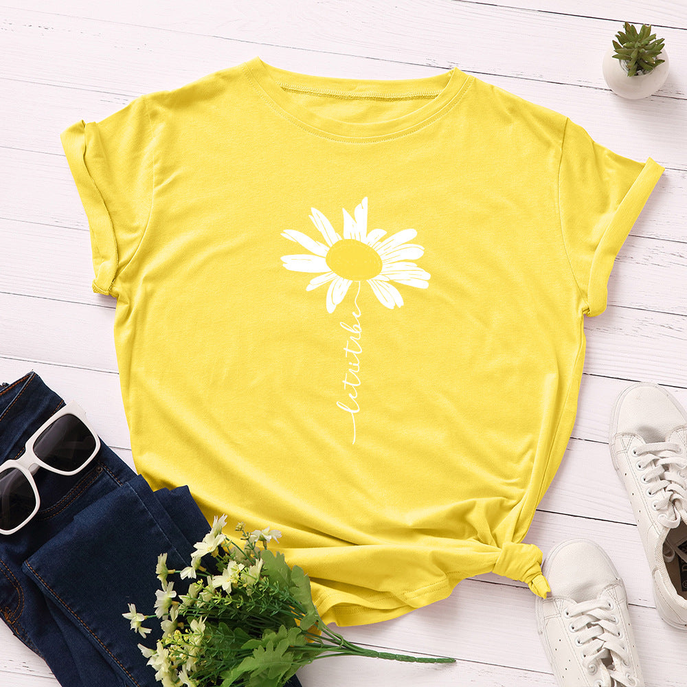 Women's Daisy Print Loose Short Sleeve T-shirt