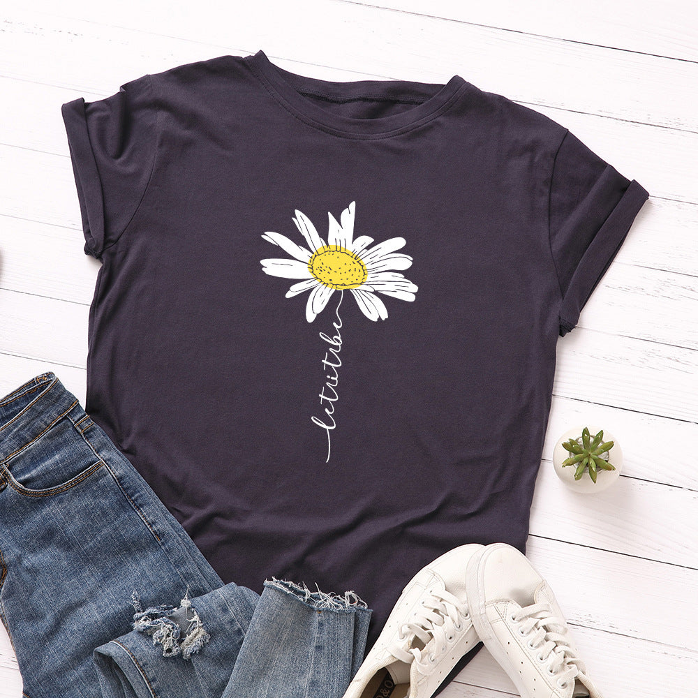 Women's Daisy Print Loose Short Sleeve T-shirt