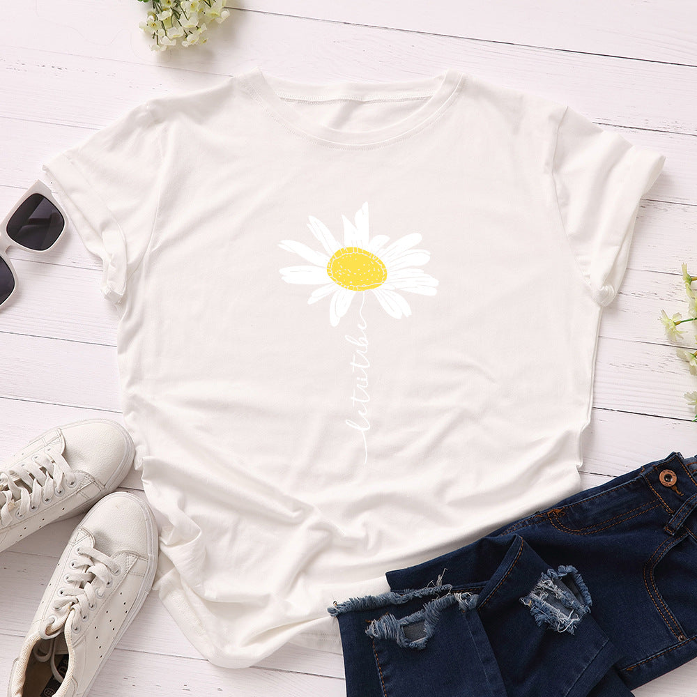 Women's Daisy Print Loose Short Sleeve T-shirt