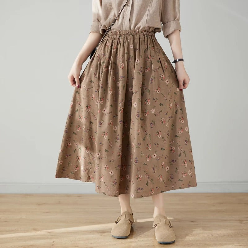 Retro Style Women's Elastic Waist Mid-length Floral Skirt