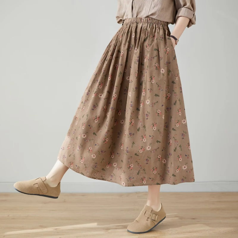 Retro Style Women's Elastic Waist Mid-length Floral Skirt