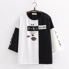 Japanese Style Soft Girl Cartoon Devil Color Block T-shirt