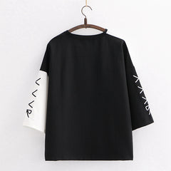 Japanese Style Soft Girl Cartoon Devil Color Block T-shirt