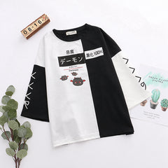 Japanese Style Soft Girl Cartoon Devil Color Block T-shirt