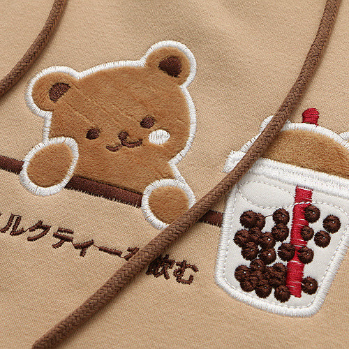 Kawaii Girls Bear Embroidery Loose Thickened Hoodie