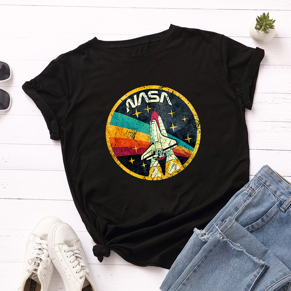 Women's NASA Print Loose Round Neck T-shirt