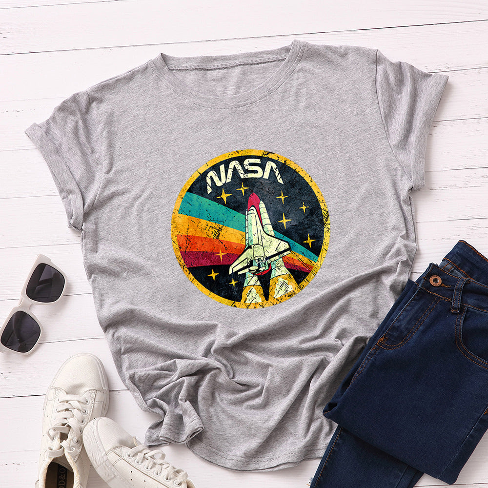 Women's NASA Print Loose Round Neck T-shirt