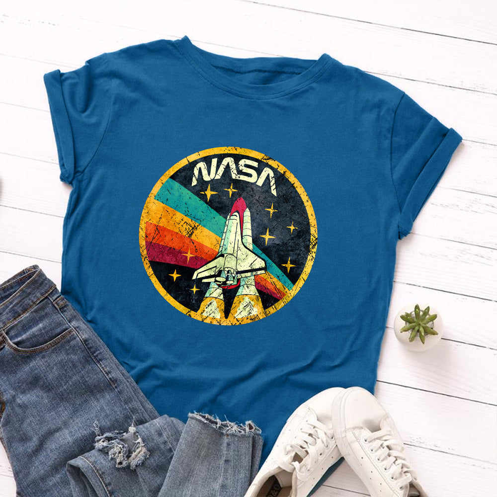 Women's NASA Print Loose Round Neck T-shirt