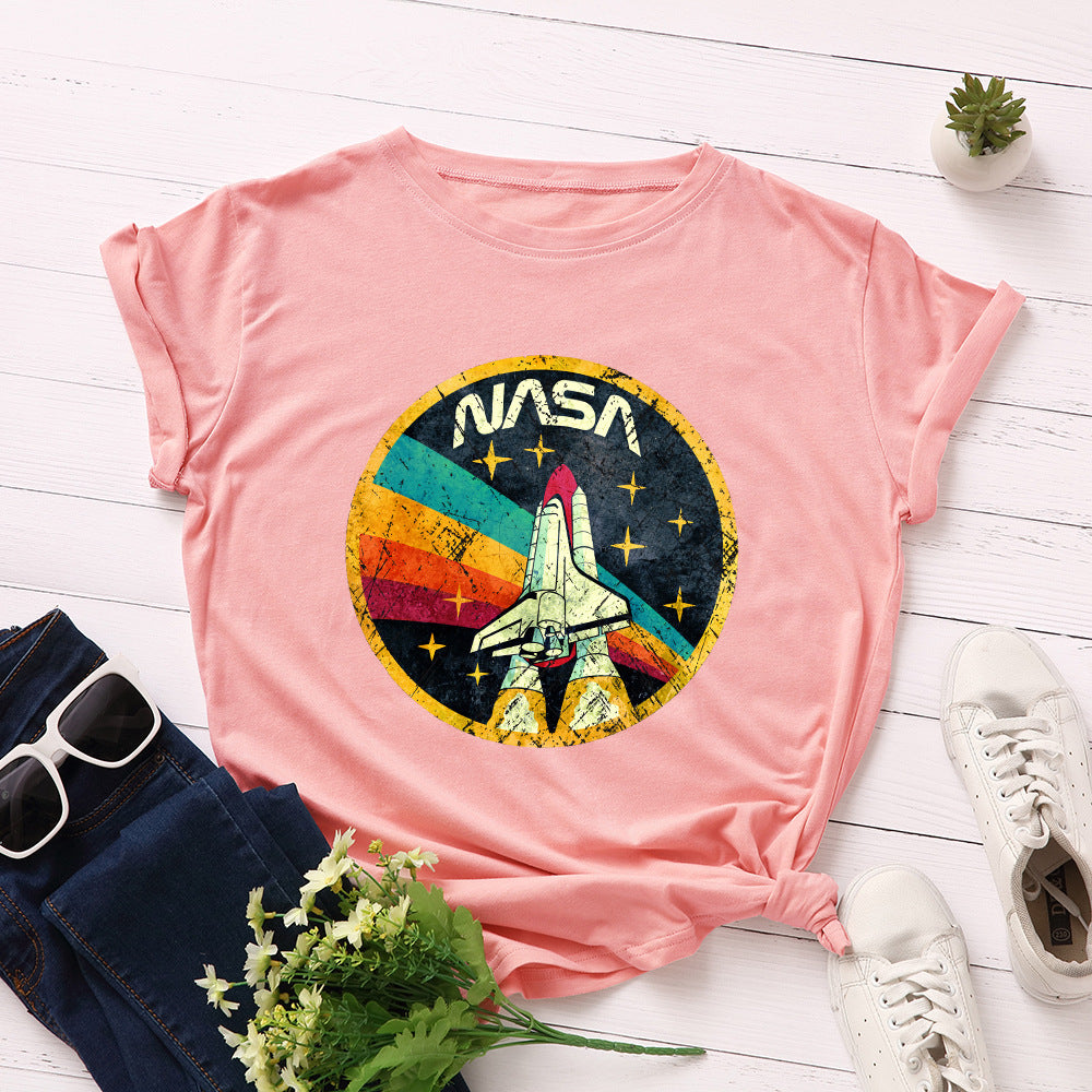 Women's NASA Print Loose Round Neck T-shirt