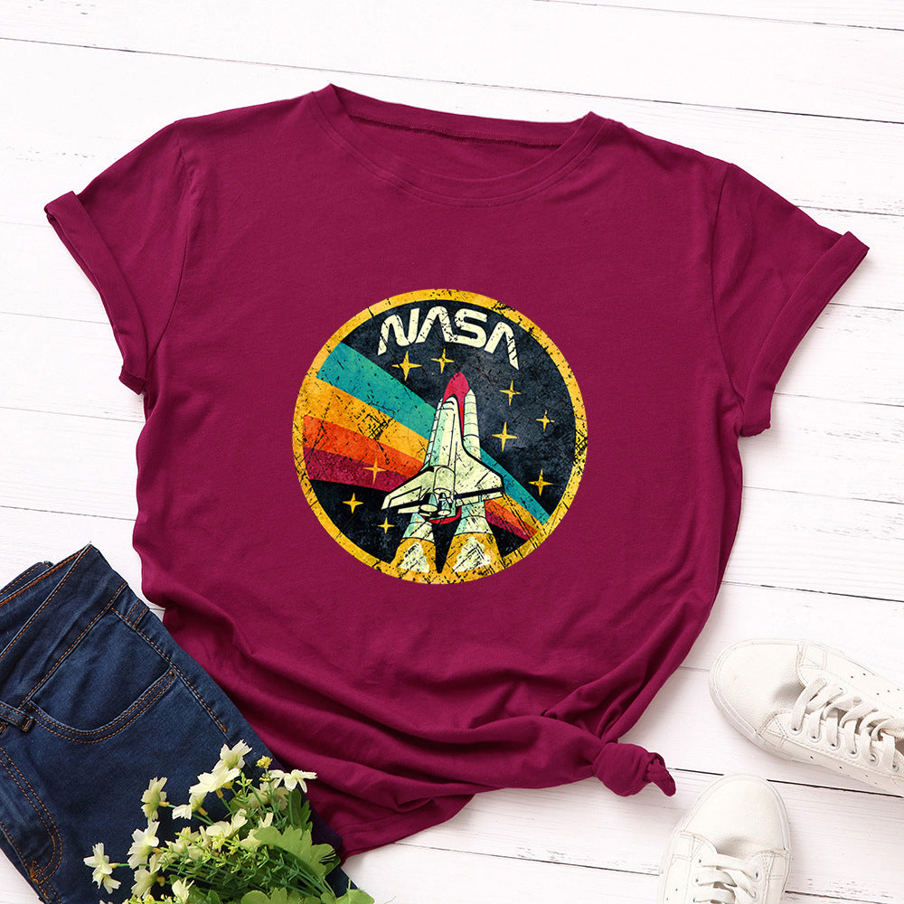 Women's NASA Print Loose Round Neck T-shirt