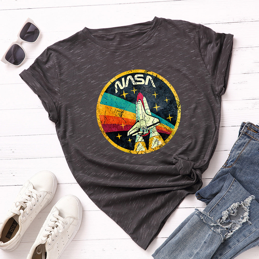 Women's NASA Print Loose Round Neck T-shirt