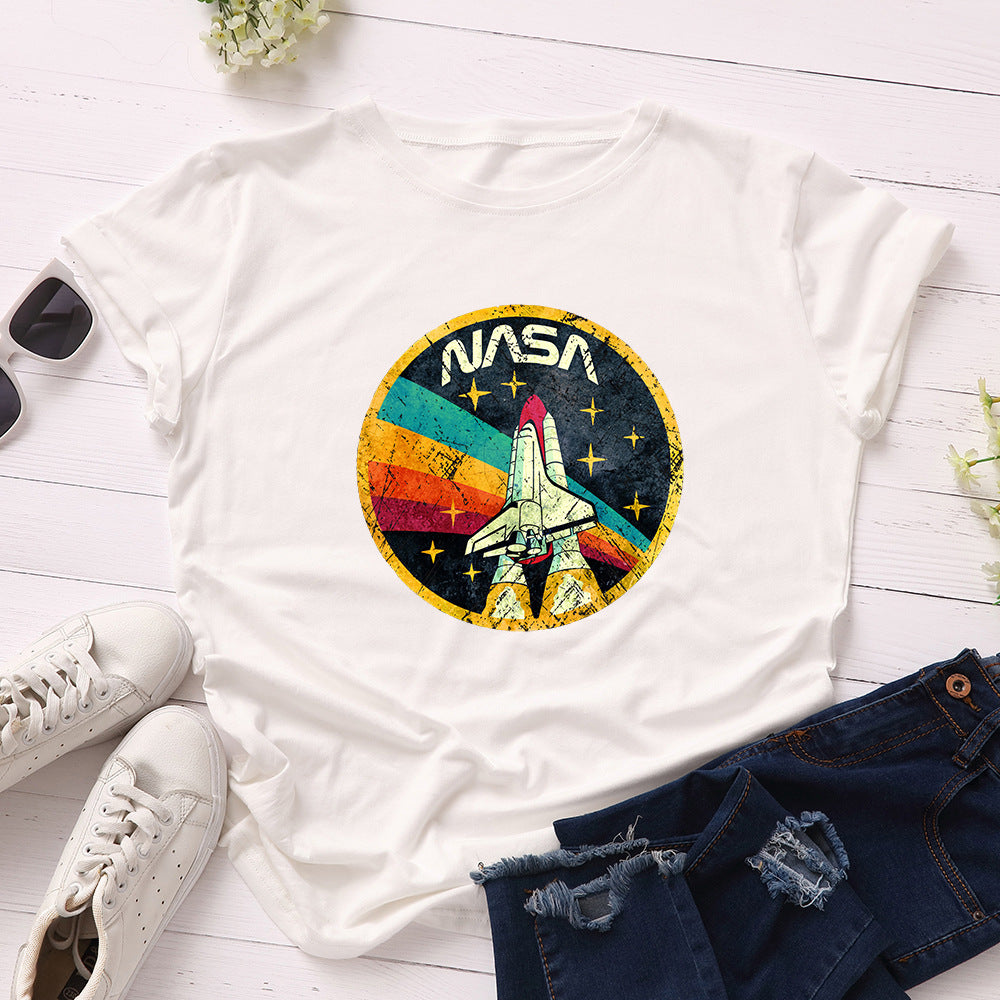 Women's NASA Print Loose Round Neck T-shirt