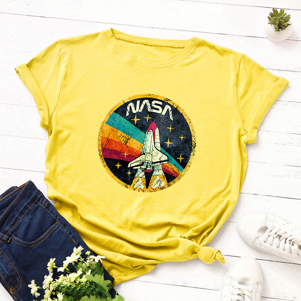 Women's NASA Print Loose Round Neck T-shirt