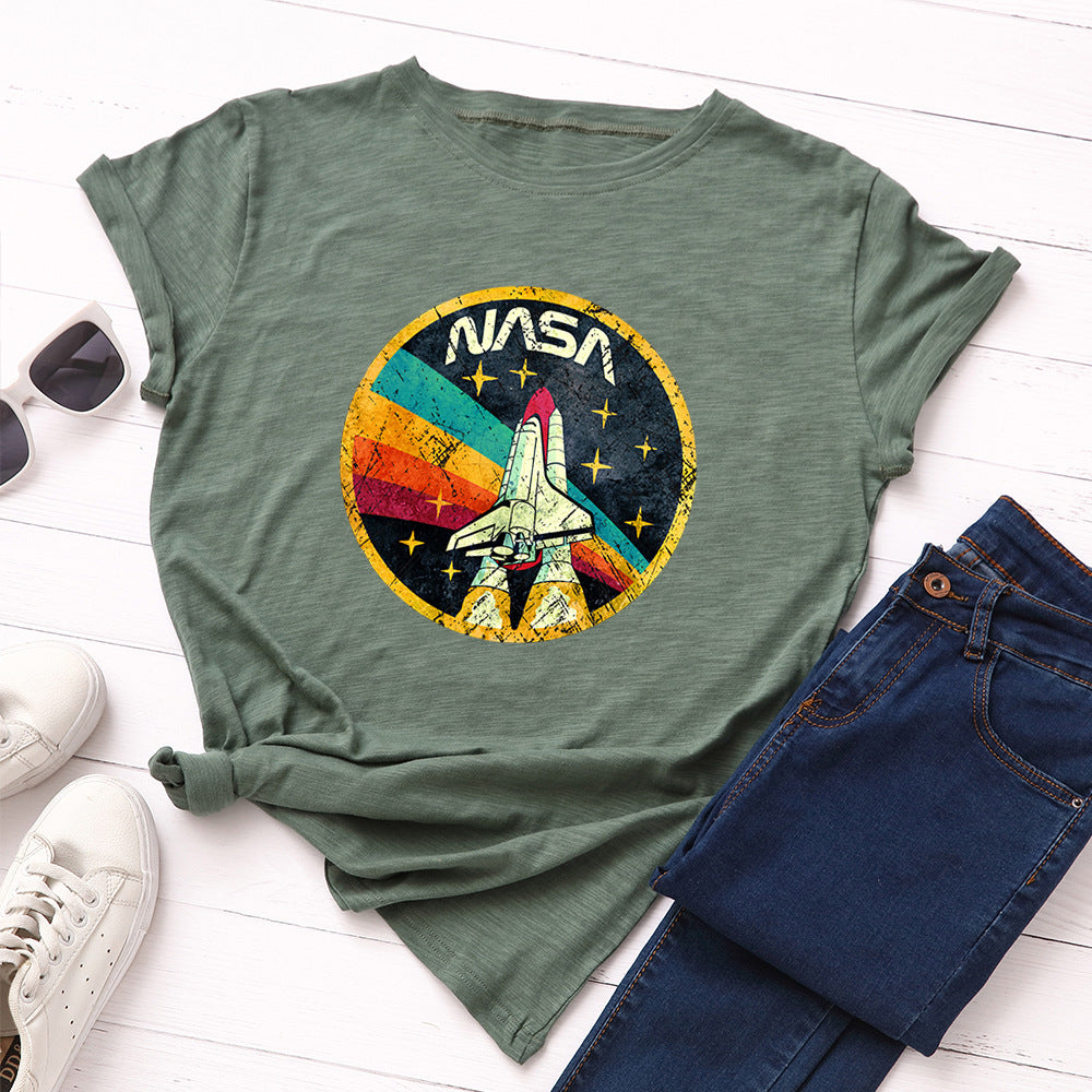 Women's NASA Print Loose Round Neck T-shirt