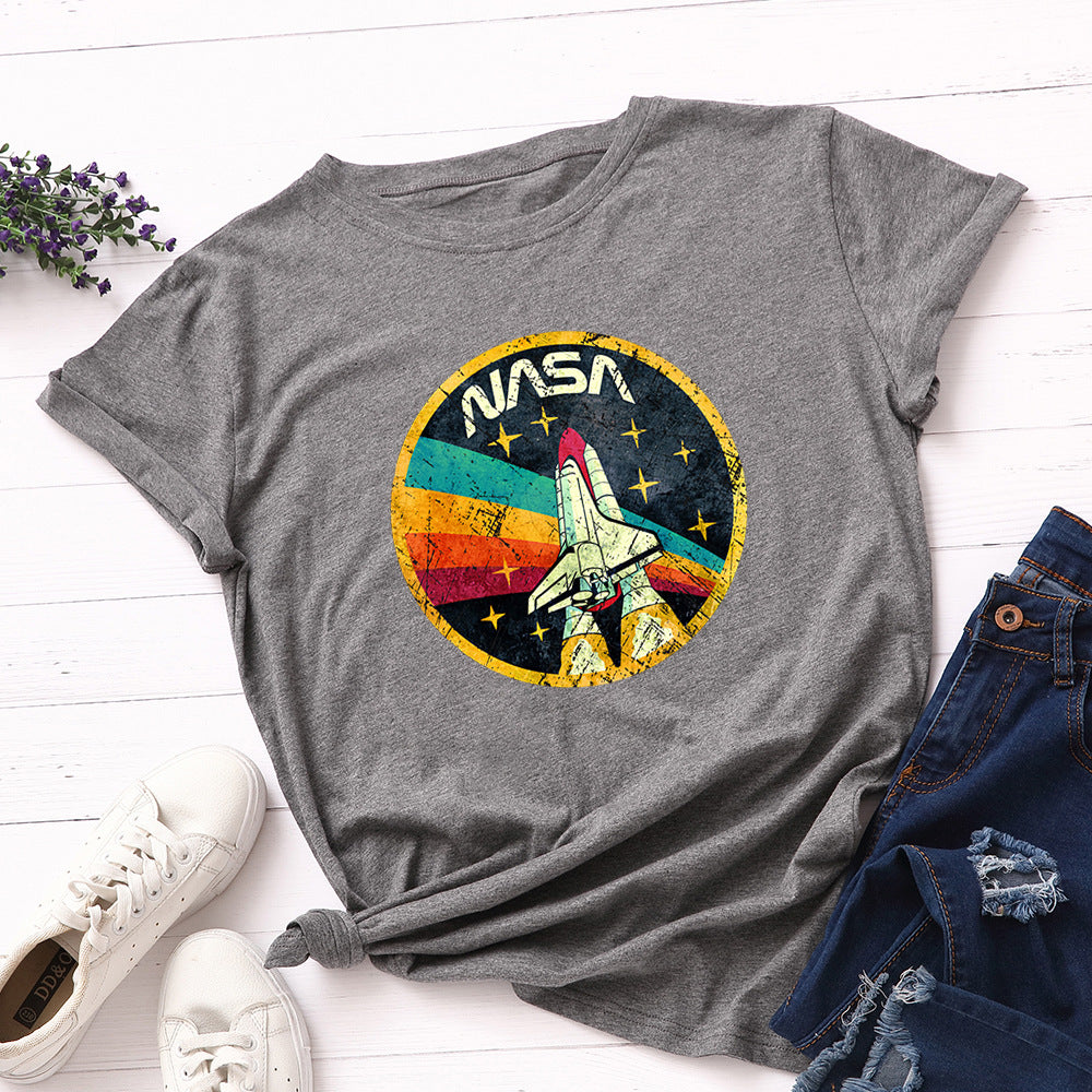 Women's NASA Print Loose Round Neck T-shirt