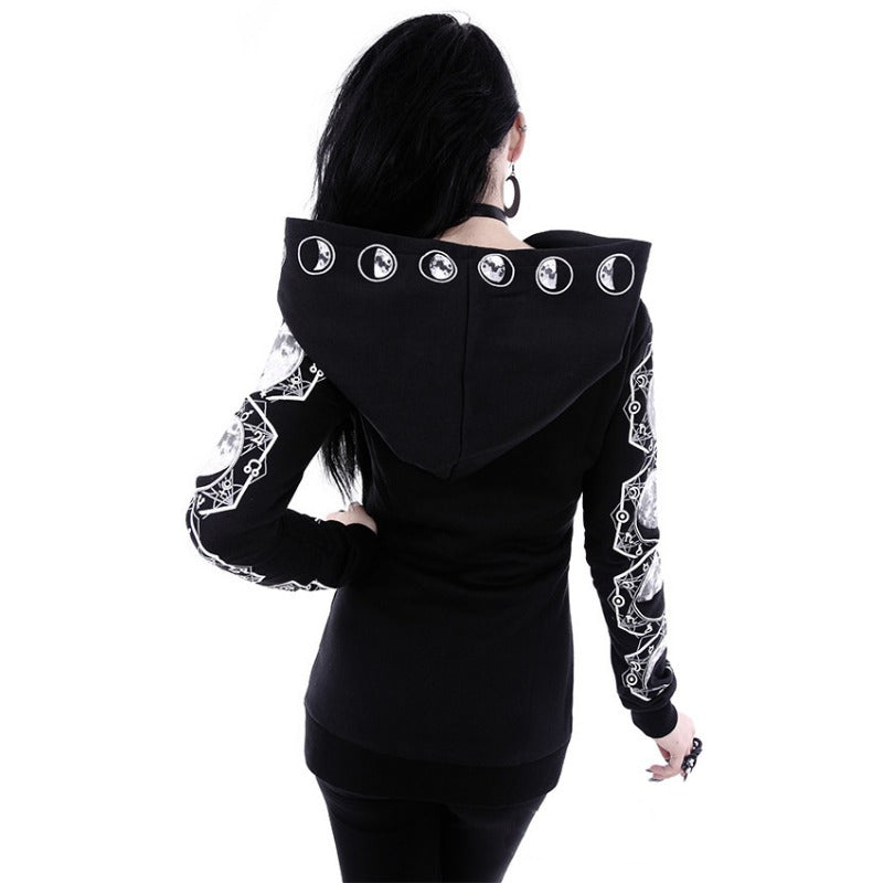 Trendy Punk Style Moon Printed Black Zip Up Hoodie