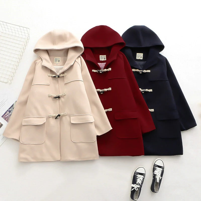 Winter Pure Color Horn Button Woolen Hooded Coat