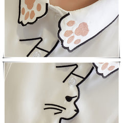 Cute Women's Cat Embroidered White Shirt