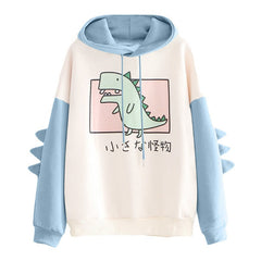 Japanese Style Cute Dinosaur Print Velvet Warm Hoodie