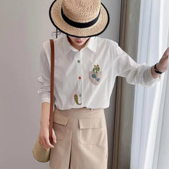 Women's Lapel Cat Tail Embroidered Loose Shirt