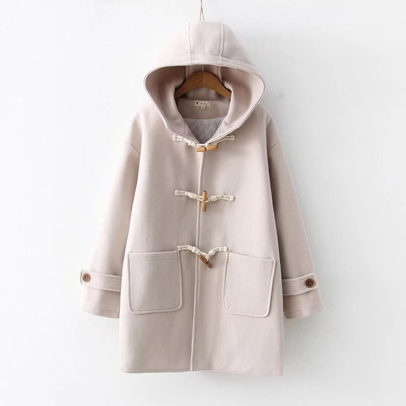 Korean Style Solid Color Horn Button Loose Pockets Coat