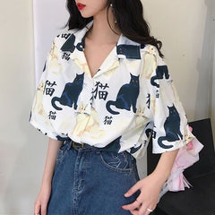 Versatile Retro Summer Cat Printed Flip Collar Shirt