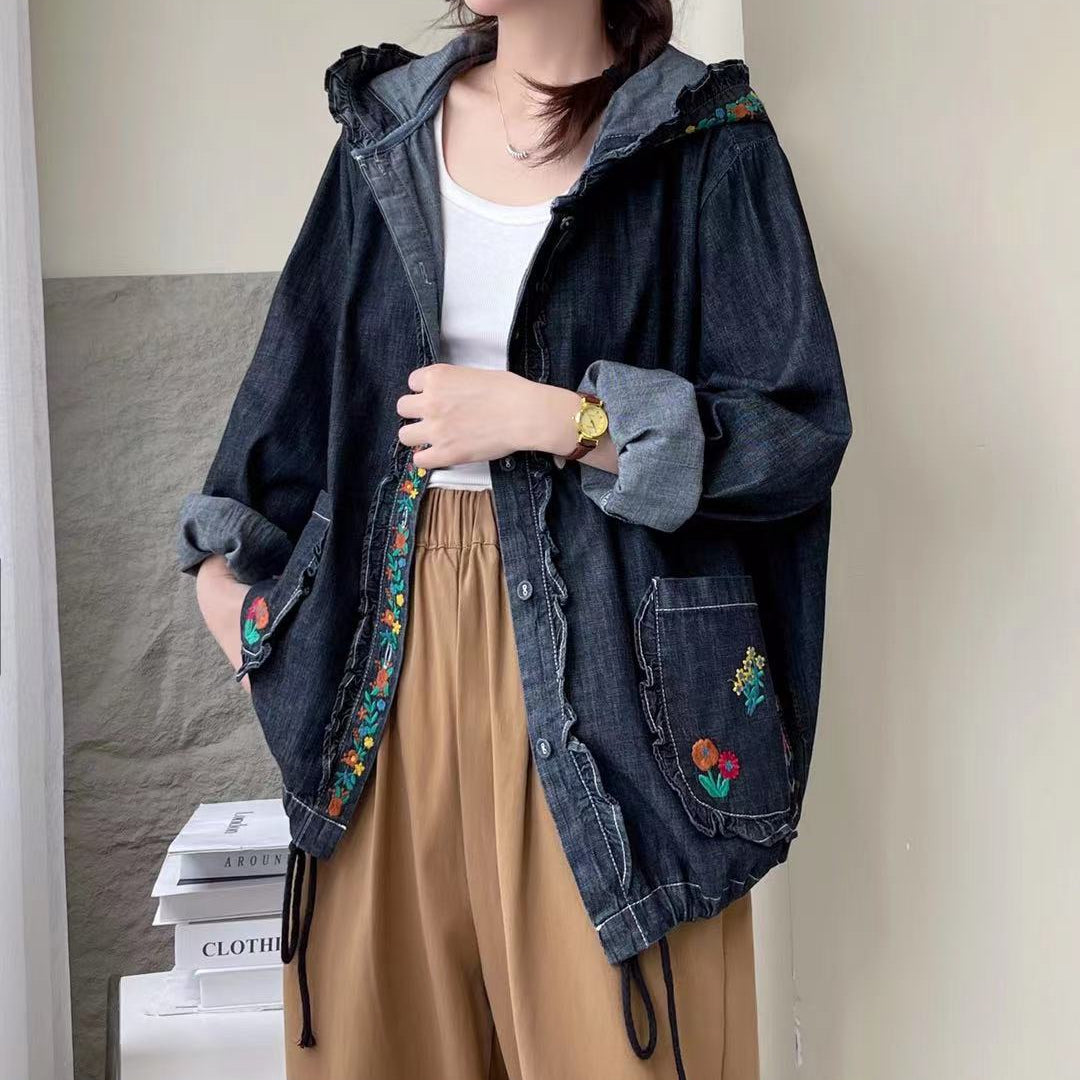 Retro Style Floral Embroidered Hooded Denim Jacket