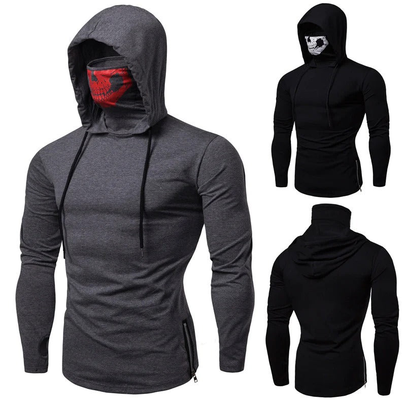 Men's Fitness Ninja Skull Mask Hooded Long Sleeve Shirt