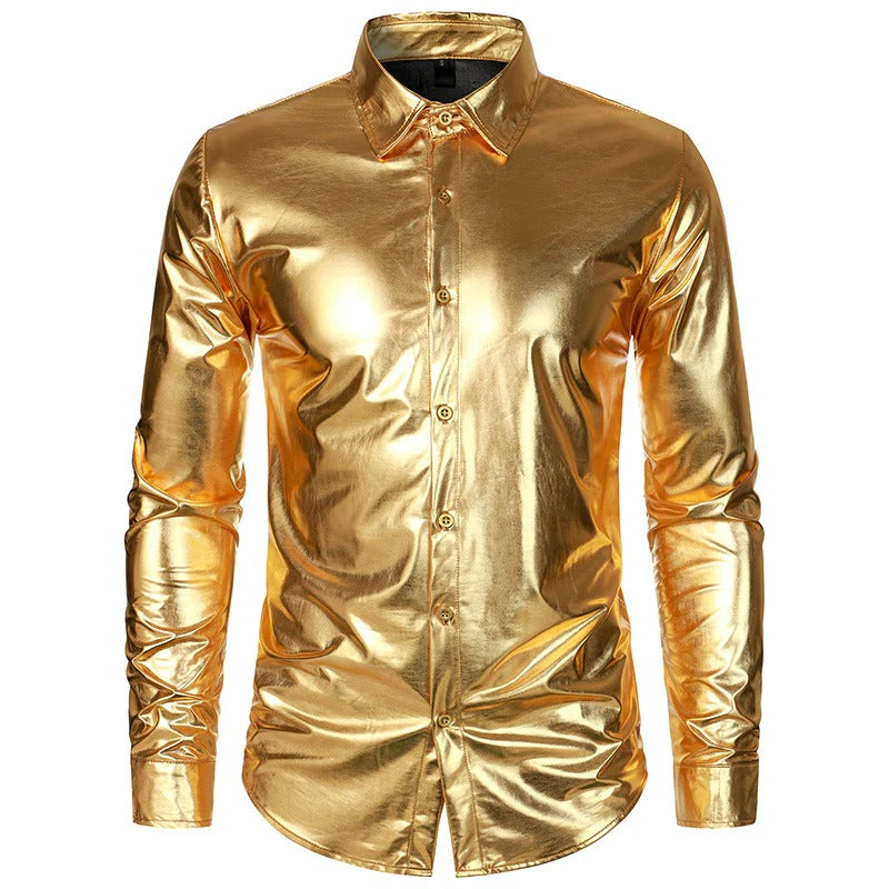 Trendy Men's Metal Shiny Disco Party Glossy Nightclub Blouse