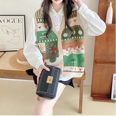 Sweet Embroidered Knitted Vest V-neck Cardigan