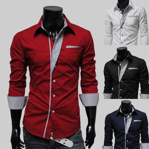 Men's Lapel Long-sleeved Solid Color Slim Shirt