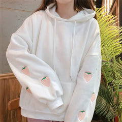 Cute Strawberry Embroidered Velvet Loose Hoodie