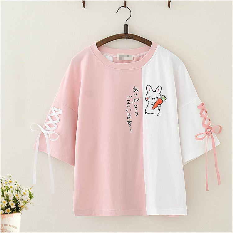 Cute Cartoon Rabbit Embroidery Half Sleeve Color Block T-shirt