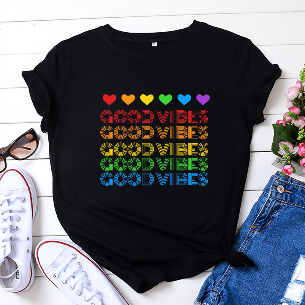 Chic Rainbow GOOD VIBES Short-sleeved T-shirt