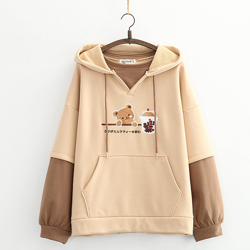 Kawaii Girls Bear Embroidery Loose Thickened Hoodie