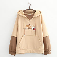 Kawaii Girls Bear Embroidery Loose Thickened Hoodie