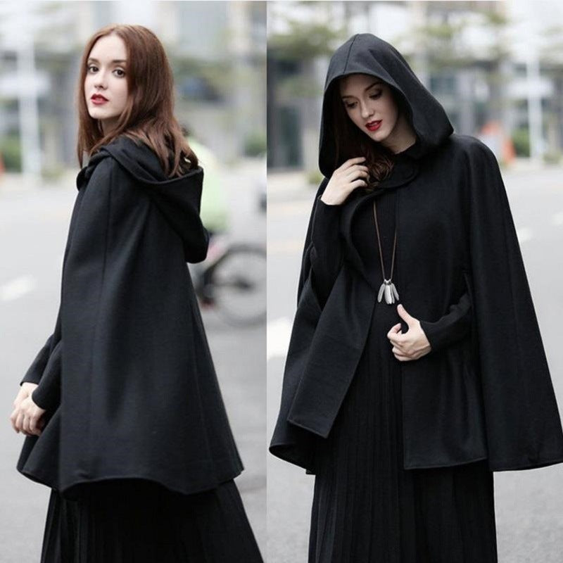 Women's Loose Hooded Button Woolen Shawl Cloak