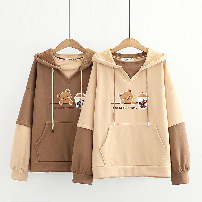 Kawaii Girls Bear Embroidery Loose Thickened Hoodie