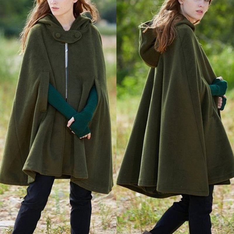 Women's Loose Hooded Button Woolen Shawl Cloak