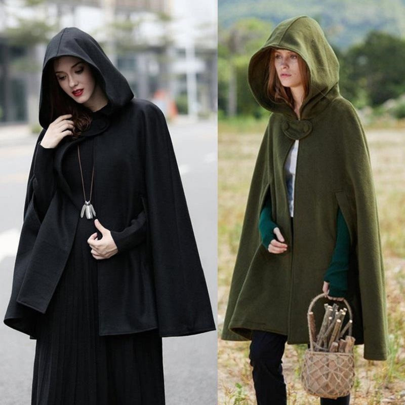 Women's Loose Hooded Button Woolen Shawl Cloak