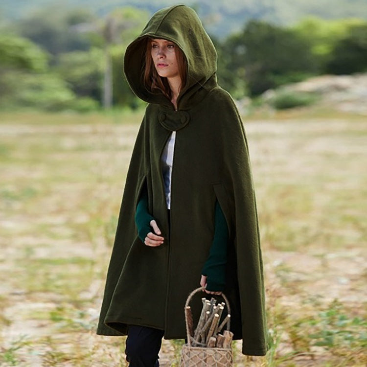 Women's Loose Hooded Button Woolen Shawl Cloak