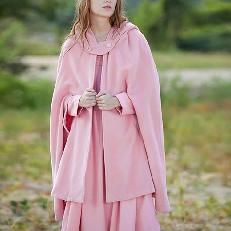 Women's Loose Hooded Button Woolen Shawl Cloak