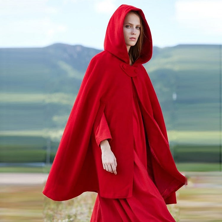 Women's Loose Hooded Button Woolen Shawl Cloak