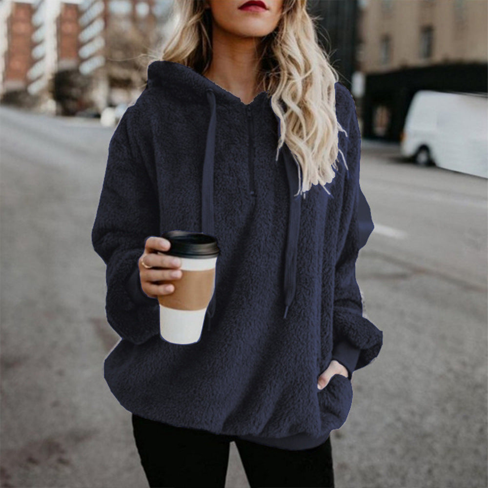 Trendy Women's Solid Color Plush Loose Hoodie