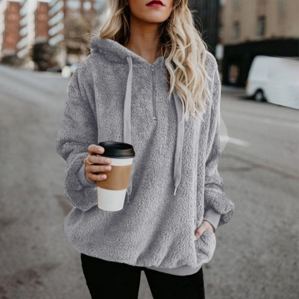 Trendy Women's Solid Color Plush Loose Hoodie