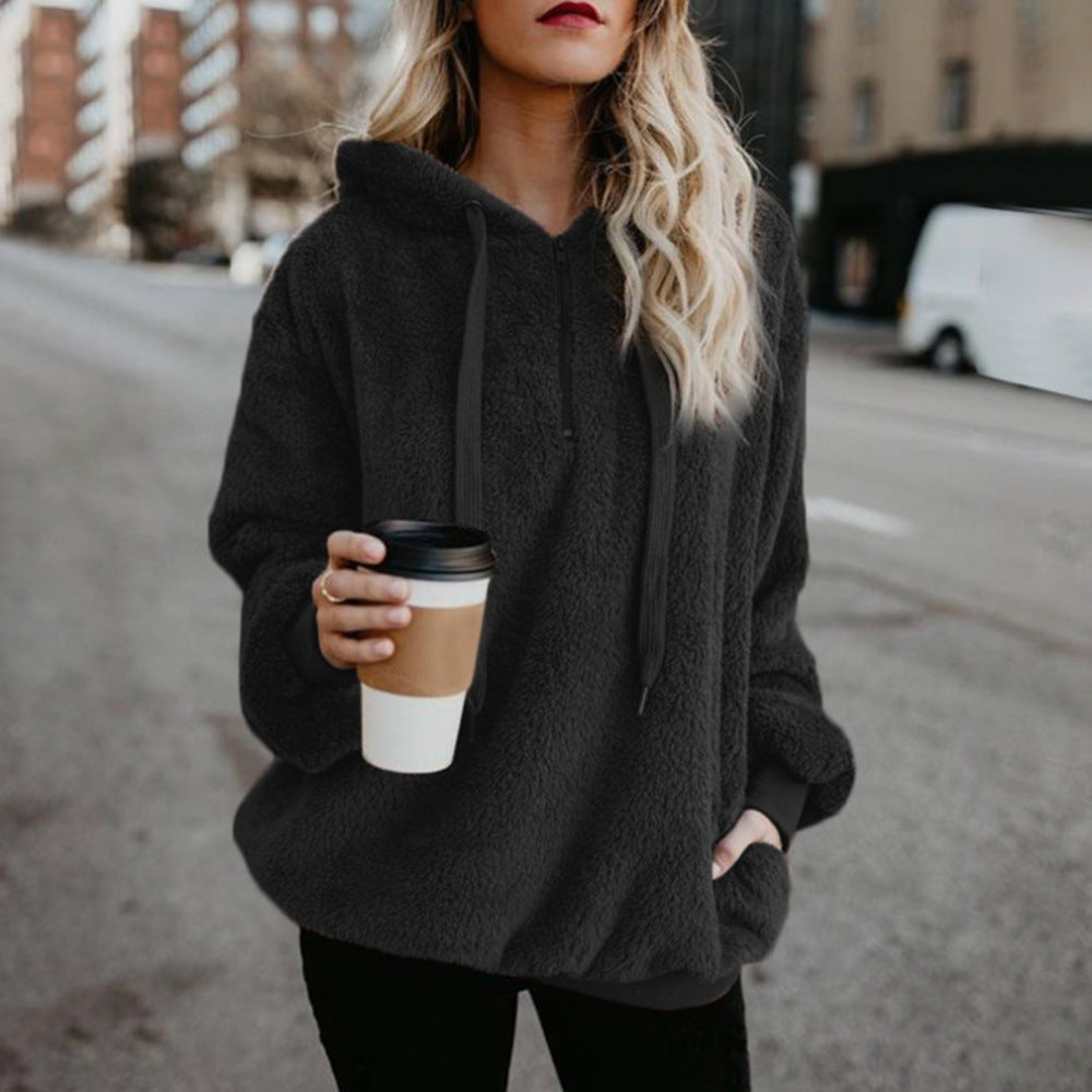 Trendy Women's Solid Color Plush Loose Hoodie