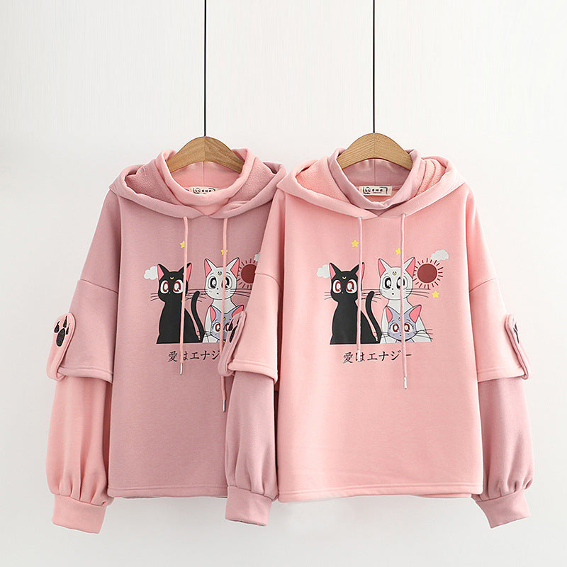 Kawaii Cat Women's Sweet Graphic Plush Warm Hoodie