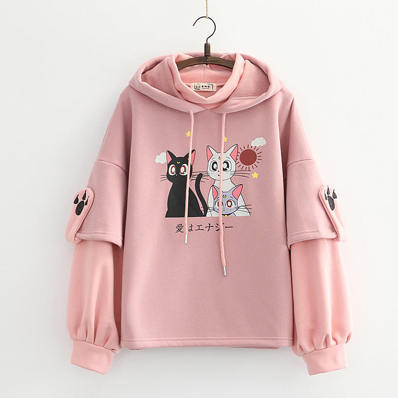 Kawaii Cat Women's Sweet Graphic Plush Warm Hoodie