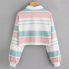 Women's Striped Polo Neck Long Sleeve Cropped T-shirt